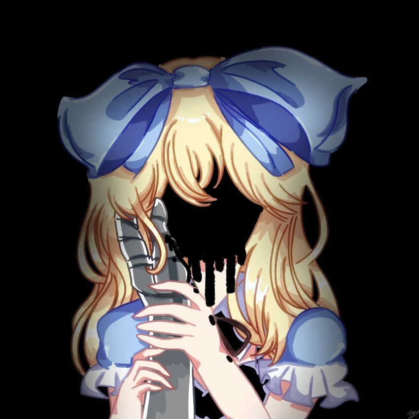 1boy 1girl alice_(black_souls) black_background black_liquid black_ribbon black_shirt black_souls black_souls_2 blue_bow blue_dress blue_sleeves bow closed_mouth dress faceless faceless_female faydee frills hand_on_another&#039;s_cheek hand_on_another&#039;s_face highres holding_another&#039;s_arm long_hair pov pov_hands puffy_sleeves ribbon shirt smile