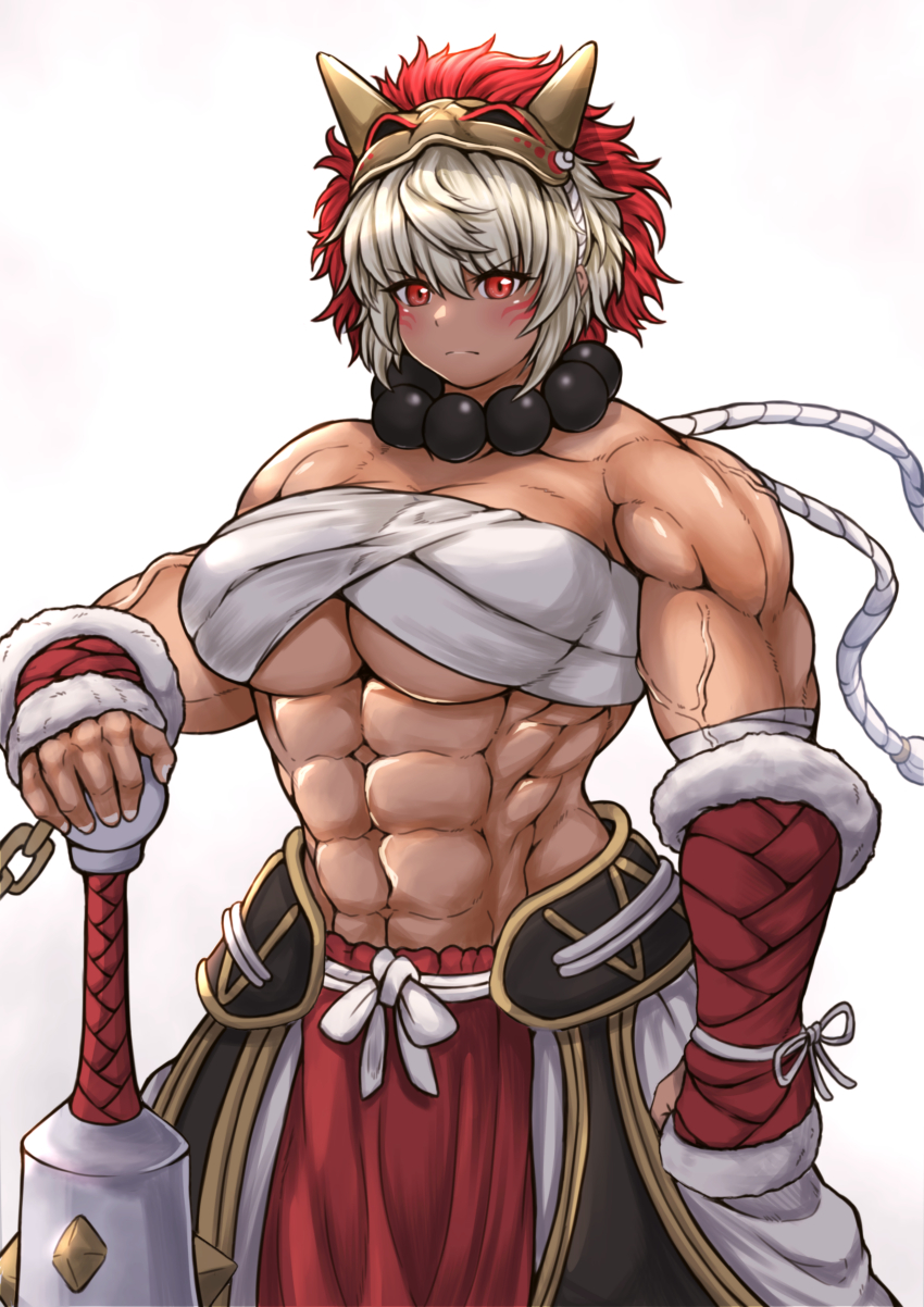 1girl abs absurdres beads biceps breasts chest_sarashi club club_(weapon) commission dark-skinned_female dark_skin fire_emblem fire_emblem_fates gunbai highres holding holding_club holding_weapon large_breasts mask mask_on_head muscular muscular_female mynameissuusan nintendo obliques prayer_beads rinkah_(fire_emblem) sarashi skeb_commission solo spiked_club war_fan weapon