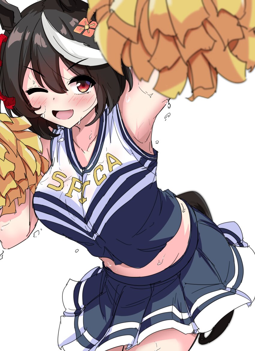 1girl absurdres alternate_costume animal_ears arm_up armpits black_hair blush breasts commentary_request gryebooks hair_between_eyes hair_ornament highres horse_ears horse_tail kitasan_black_(umamusume) medium_breasts medium_hair midriff one_eye_closed open_mouth red_eyes simple_background solo sweat tail umamusume umamusume_(anime) white_background