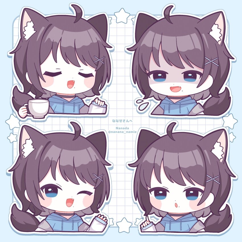 1girl :d :o ;d ahoge animal_ear_fluff animal_ears artist_name blue_border blue_eyes blue_hoodie blush_stickers border brown_hair chibi chibi_only commentary_request cropped_torso cup dot_nose drawstring facing_viewer fang flying_sweatdrops grid_background hair_ornament highres holding holding_cup hood hood_down hoodie hoshikage_nanase iriam jacket long_sleeves looking_at_viewer nada_namie one_eye_closed open_clothes open_jacket open_mouth outline outside_border shaded_face short_hair smile star_(symbol) tail twitter_username virtual_youtuber white_background white_jacket white_outline wolf_ears wolf_girl wolf_tail x_hair_ornament