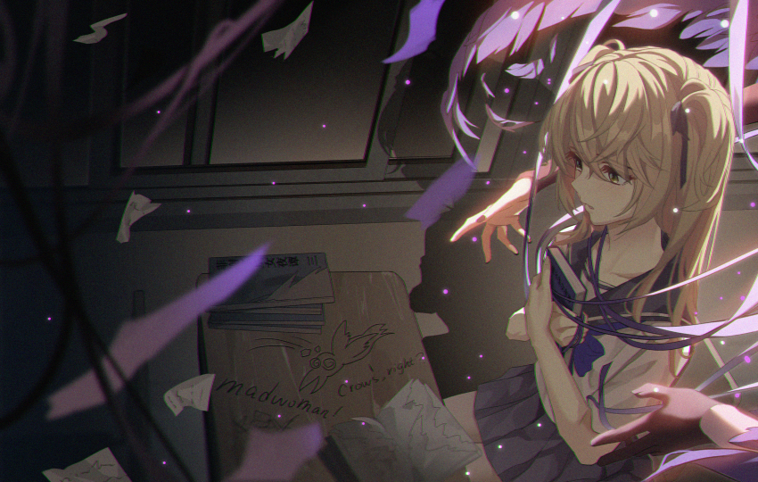 alternate_costume blonde_hair book bullying chair chinese_commentary classroom closed_mouth collarbone commentary_request contemporary covering_chest covering_privates crossed_arms darkness desk disembodied_hand english_text eyepatch falling_feathers feathers fischl_(genshin_impact) genshin_impact green_eyes highres holding holding_book light_particles long_hair looking_down luanma_luanma night on_chair own_hands_together pleated_skirt sailor_collar school_uniform shadow sitting skirt torn_paper twintails unworn_eyepatch vandalism window wings
