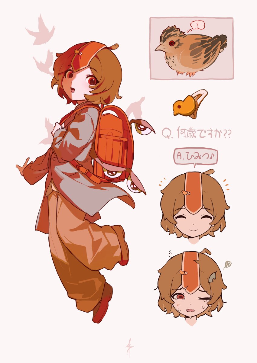 1other ? ^_^ absurdres aged_down autumn_leaves backpack bag bird blue_coat brown_hair brown_pants brown_shoes business_suit buttons chick_hair_ornament child closed_eyes closed_mouth coat commentary_request defeat eye_of_senri favnvs_(s910a_ib6) floating formal_clothes frown full_body hair_ornament hairclip happy headgear highres holding holding_bag kokutenshi_hibaru lark_bunting leaf len&#039;en long_sleeves messy_hair multiple_views notice_lines one_eye_closed open_clothes open_coat open_mouth pants red_bag red_eyes reference_inset sad shirt shoes short_hair signature simple_background smile speech_bubble spoken_question_mark squiggle suit tearing_up thought_bubble translation_request white_background white_shirt wings