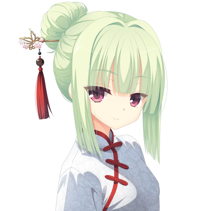 1girl absurdres alternate_costume alternate_hairstyle blunt_bangs blunt_ends china_dress chinese_clothes closed_mouth commentary_request dress eyes_visible_through_hair floral_print floral_print_dress hair_between_eyes hair_bun hair_intakes hair_ornament hair_stick highres kaon_zz looking_at_viewer making-of_available murasame_(senren) paid_reward_available print_dress red_eyes rose_print senren_banka sidelocks simple_background single_hair_bun smile solo split_mouth tassel tassel_hair_ornament tsurime upper_body white_background white_dress