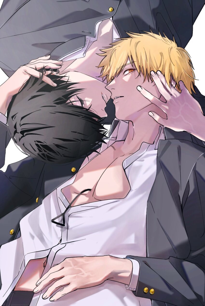 2boys black_eyes black_hair black_jacket blonde_hair buttons chainsaw_man collared_shirt denji_(chainsaw_man) hand_on_another&#039;s_head highres imminent_kiss jacket looking_at_viewer male_focus multiple_boys open_mouth orange_eyes pectoral_cleavage pectorals shirt short_hair simple_background siraco_(sira5_3) teeth upper_body white_background white_shirt yaoi yoshida_hirofumi