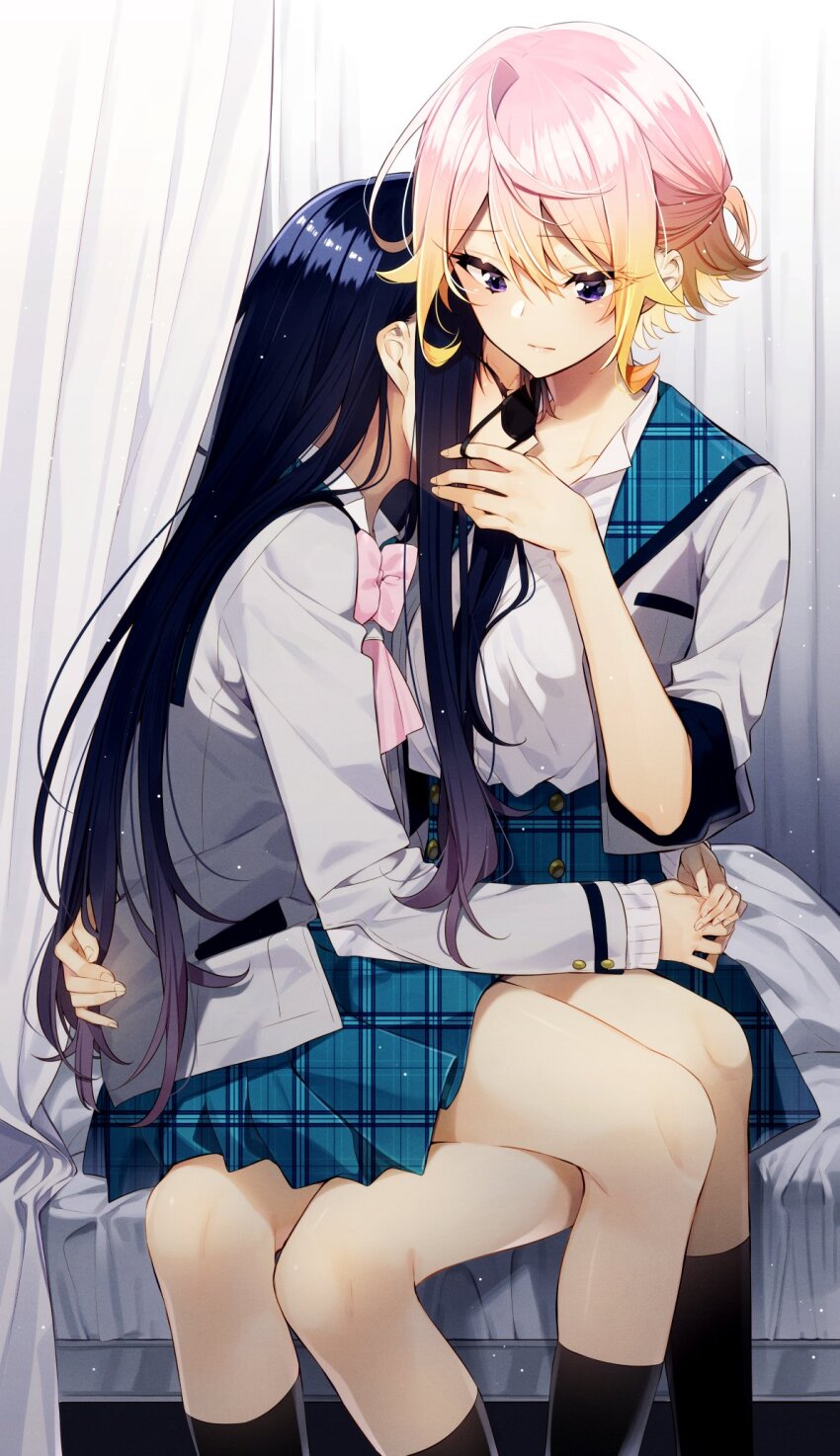 2girls anemone_wa_netsu_wo_obiru bed black_hair black_mask black_socks blazer bow closed_eyes highres hug indoors jacket komiyama_mashiro light_brown_hair long_hair multiple_girls ootsuki_nagisa pink_bow plaid_clothes plaid_skirt pleated_skirt purple_eyes removing_mask sakuragi_ren school_uniform short_hair sitting sitting_on_lap sitting_on_person skirt sleep_mask socks unmoving_pattern yuri