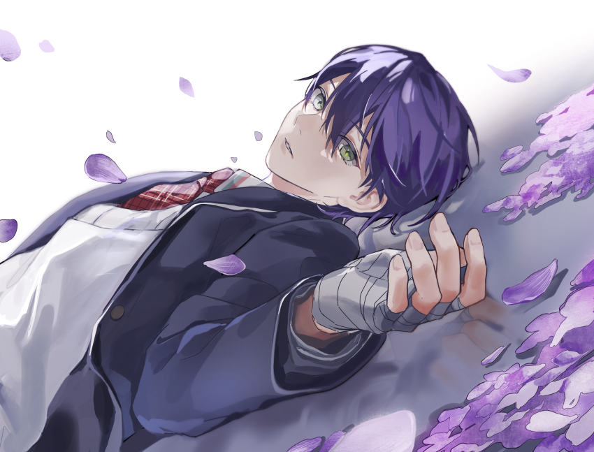 1boy absurdres bandaged_hand bandages blazer falling_petals green_eyes highres jacket kenmochi_touya kenmochi_touya_(1st_costume) looking_at_viewer lying male_focus necktie nijisanji on_back parted_lips petals purple_hair purple_petals red_necktie solo sumi_(n29250) sweater_vest virtual_youtuber white_sweater_vest