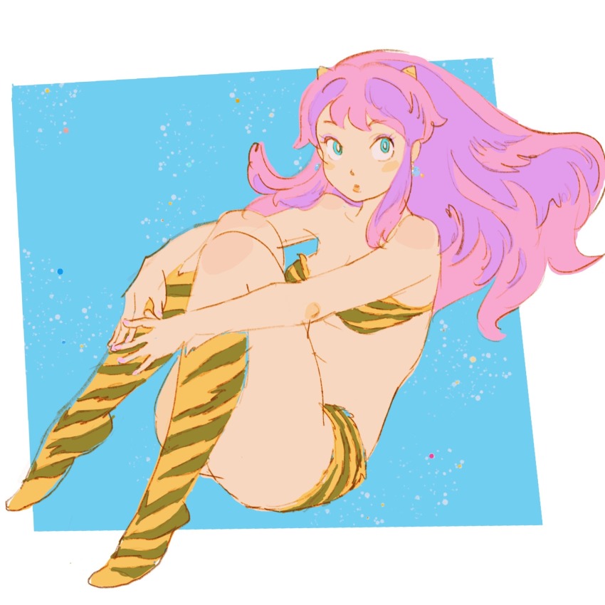 1girl 55bata6rou animal_print bikini blue_background blue_eyes breasts cone_horns floating full_body fur_bikini highres horns hugging_own_legs knees_up long_hair looking_at_viewer lum medium_breasts navel oni pink_hair print_bikini print_boots sitting small_horns solo strapless strapless_bikini swimsuit tiger_print urusei_yatsura yellow_bikini yellow_horns