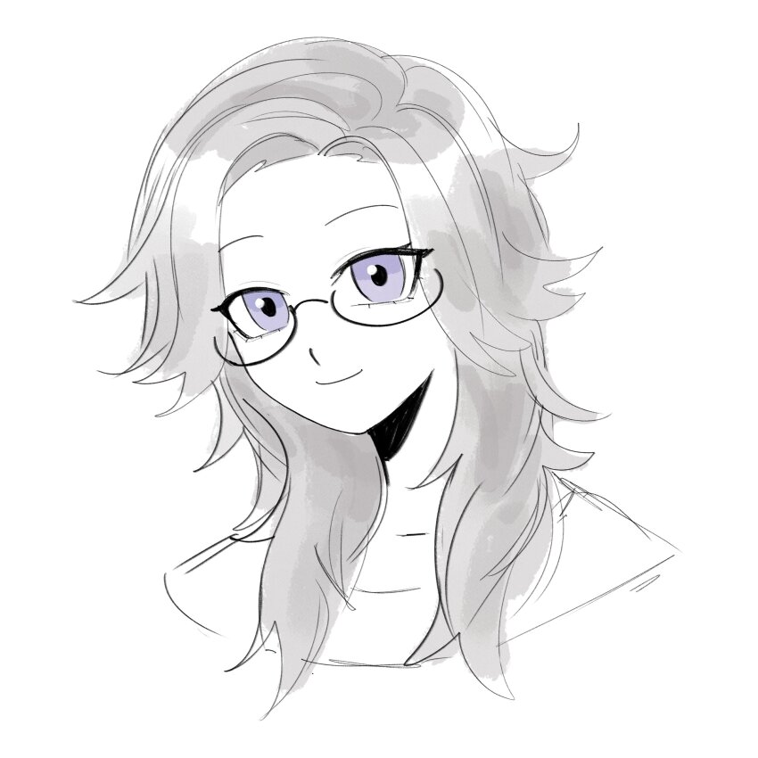 1girl absurdres aotsuki_eito blue_eyes closed_mouth female_focus genderswap genderswap_(mtf) glasses grey_hair highres looking_at_viewer parted_hair simple_background smile solo solo_focus the_hundred_line_-last_defense_academy- white_background zero_(misamxsa08)