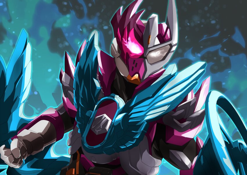 1boy absurdres angecopter armor asymmetrical_armor blue_armor bolt_(hardware) bow_(weapon) commentary_request rider_belt foreshortening gauntlets gloves helmet heterochromia highres holding holding_bow_(weapon) holding_weapon kamen_rider kamen_rider_gotchard_(series) kamen_rider_valvarad looking_at_viewer male_focus miyabi_(037) pink_eyes power_armor rider_belt shoulder_spikes smoke solo spikes tokusatsu valvaradriver valvarusher weapon white_eyes white_gloves