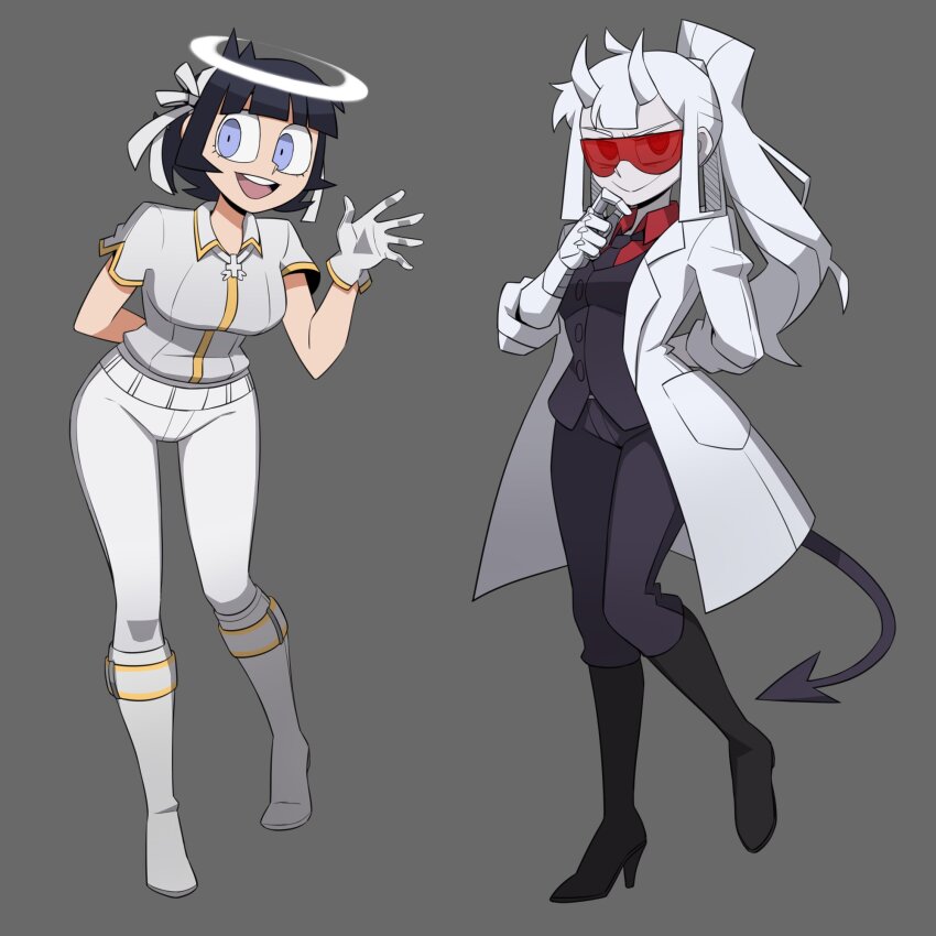 2girls :d angel arm_behind_back azazel_(helltaker) black_boots black_hair black_necktie boots collared_shirt cross cross_necklace demon_girl demon_horns demon_tail dual_persona flowerpigeon gloves goggles grey_background hair_ribbon hairband halo hand_on_own_chin helltaker high_heel_boots high_heels highres horns jewelry long_hair loremaster_(helltaker) multiple_girls necklace necktie open_mouth pants ponytail red-tinted_eyewear red_shirt ribbon round_teeth shirt short_hair sidelocks simple_background smile standing tail teeth tinted_eyewear upper_teeth_only very_long_hair vest waistcoat waving white_gloves white_hairband white_pants white_ribbon