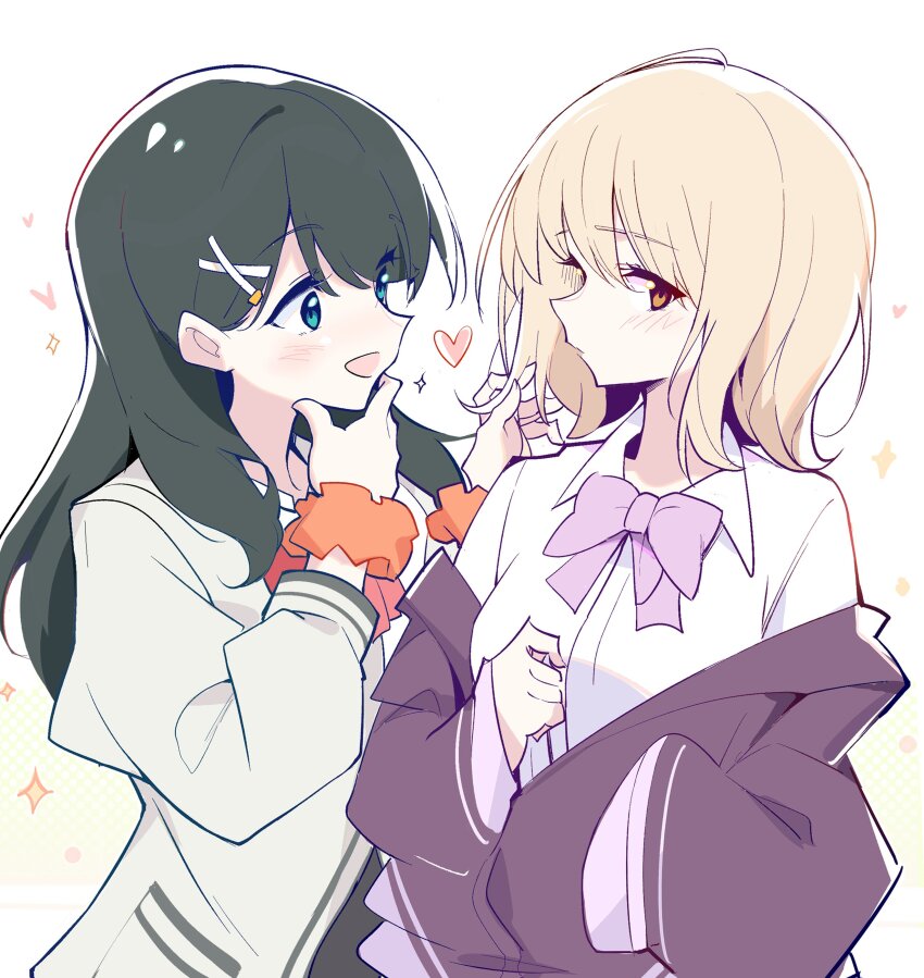 2girls absurdres black_hair blonde_hair blue_eyes blush breasts commentary cosplay dress_shirt english_commentary gridman_universe hair_between_eyes hair_ornament hairclip hand_on_own_chin heart highres honda_sora jacket lonely_girl_ni_sakaraenai long_sleeves looking_at_another medium_breasts medium_hair multiple_girls off_shoulder open_clothes open_jacket open_mouth orange_eyes orange_scrunchie parted_lips playing_with_another&#039;s_hair purple_jacket sakurai_ayaka_(lonely_girl_ni_sakaraenai) scrunchie shinjou_akane shinjou_akane_(cosplay) shirt simple_background sparkle ssss.gridman takarada_rikka takarada_rikka_(cosplay) upper_body white_jacket white_shirt wrist_scrunchie yuri zhanzhangzlw