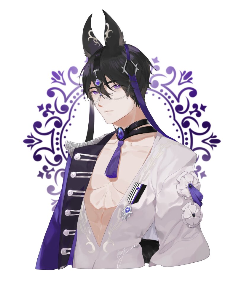 1boy abs animal_ears brooch coat collar commission dog_ears epaulettes flower hair_belt hair_between_eyes highres jewelry looking_at_viewer male_focus open_clothes open_coat open_shirt original pectoral_cleavage pectorals purple_eyes ribbon_around_head simple_background single_epaulette solo tassel toned toned_male upper_body white_background white_flower yoimon