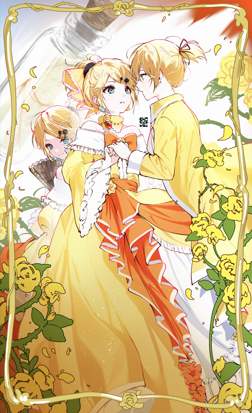1boy 2girls absurdres aku_no_musume_(vocaloid) allen_avadonia blonde_hair blue_eyes bottle bow brother_and_sister coat commentary dress earrings evillious_nendaiki eye_contact flower frilled_dress frilled_sleeves frills glass_bottle hair_ornament hairclip hand_fan highres holding holding_fan jewelry kagamine_len kagamine_rin long_sleeves looking_at_another multiple_girls multiple_persona orange_bow parted_lips plant ponytail profile riliane_lucifen_d&#039;autriche rose shodei119 short_ponytail siblings swept_bangs twins updo vines vocaloid wide_sleeves yellow_coat yellow_dress yellow_flower yellow_nails yellow_rose