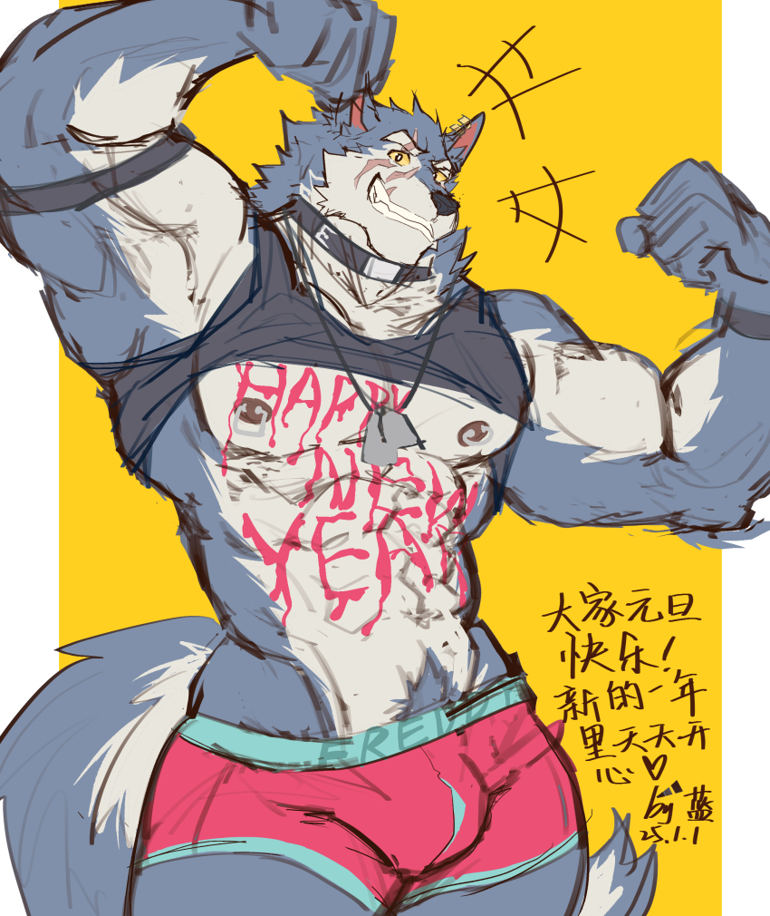 1boy abs absurdres animal_ears bara black_shirt black_tank_top body_writing boxers chinese_commentary chinese_text clothes_lift collar colored_sclera commentary_request dislyte dog_tags flexing freddy_(fenrir)_(dislyte) furry furry_male grin highres jewelry lan_uxn male_focus male_underwear multiple_scars muscular muscular_male necklace pectorals pink_male_underwear scar scar_across_eye scar_on_face shirt shirt_lift sleeveless sleeveless_shirt smile tail tank_top translation_request underwear wolf_boy wolf_ears wolf_tail yellow_sclera