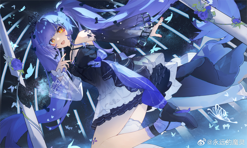 1girl :d azusa_(vtuber) virtuareal_link black_dress black_shoes blue_flower blue_hair blue_socks bug butterfly butterfly_hair_ornament choker criss-cross_halter detached_sleeves dress dutch_angle flower frilled_dress frills hair_ornament hair_ribbon halterneck highres insect looking_at_viewer nijisanji open_mouth pink_nails ribbon see-through_clothes see-through_sleeves shoes smile socks solo teardrop_facial_mark twintails virtual_youtuber virtuareal watermark weibo_username weibo_watermark yellow_eyes yongyuan_de_moling