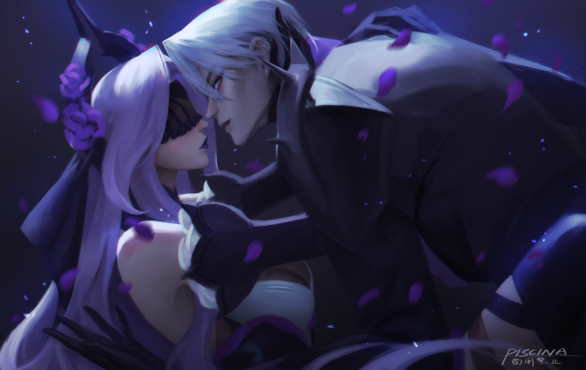 1boy 1girl absurdres artist_name black_gloves blindfold detached_sleeves facing_another gloves grey_eyes hetero highres league_of_legends long_hair long_sleeves looking_at_another petals piscina syndra white_hair withered_rose_syndra zed_(league_of_legends)