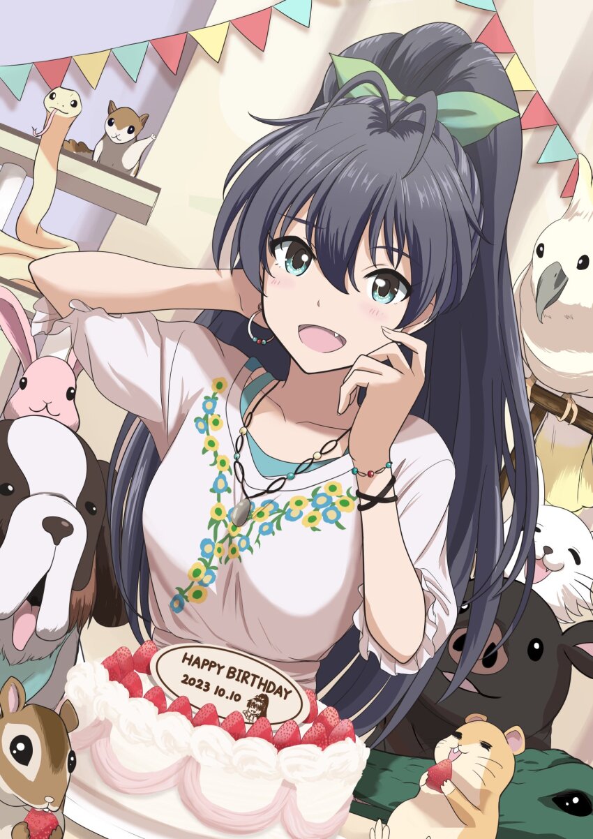 1girl antenna_hair arm_behind_head bead_bracelet beads bird birthday_cake black_hair blue_eyes blush bow bracelet breasts cake cat collarbone crocodilian dated dog dutch_angle earrings fang flying_squirrel food ganaha_hibiki green_ribbon hair_bow hair_ribbon hamuzou hand_up happy_birthday highres hoop_earrings idolmaster idolmaster_(classic) idolmaster_million_live! idolmaster_million_live!_theater_days indoors inumi jewelry long_hair looking_at_viewer medium_breasts necklace open_mouth parrot pig ponytail rabbit ribbon shirt short_sleeves smile snake solo squirrel string_of_flags white_shirt zash_zashzash