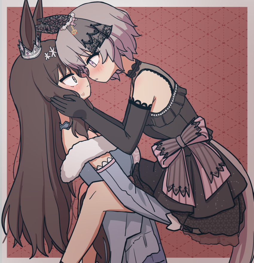 2girls admire_vega_(glacialis_vega)_(umamusume) admire_vega_(umamusume) animal_ears black_dress black_gloves blue_dress blush brown_hair carrying carrying_person closed_mouth commentary_request curren_chan_(sakutsuki_ma_cherie)_(umamusume) curren_chan_(umamusume) dress elbow_gloves from_side gloves grey_hair hand_on_another&#039;s_face highres horse_ears horse_girl horse_tail jin_(jinkwon1147) long_hair multiple_girls off-shoulder_dress off_shoulder parted_lips pink_eyes profile red_background short_hair sleeveless sleeveless_dress sweatdrop tail umamusume yuri