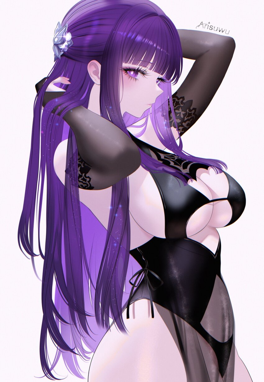 1girl 707arisu arms_up black_dress breasts cleavage_cutout closed_mouth clothing_cutout cowboy_shot dress elbow_gloves fern_(sousou_no_frieren) gloves highres large_breasts long_hair pelvic_curtain purple_eyes purple_hair simple_background solo sousou_no_frieren stomach_cutout straight_hair very_long_hair