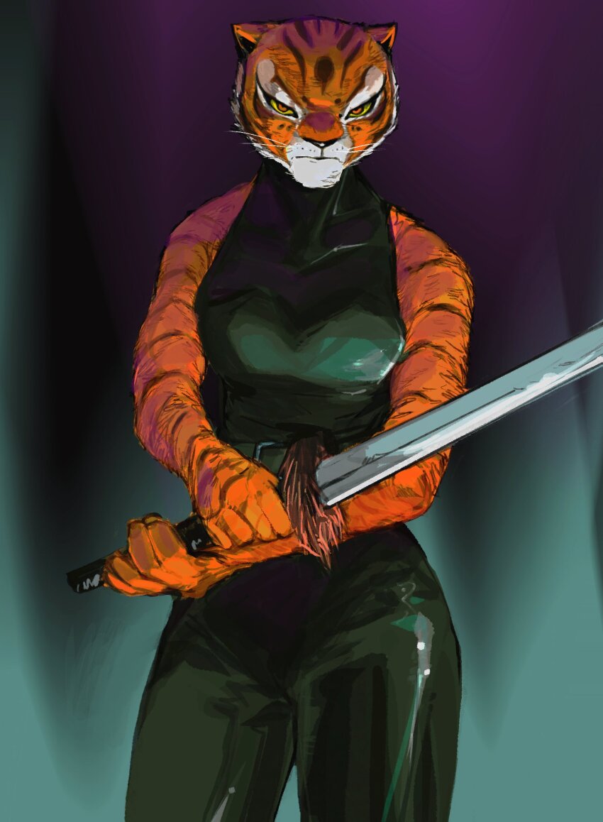 ab_roccoli black_pants black_tank_top cosplay high-waist_pants highres holding holding_sword holding_weapon jujutsu_kaisen kung_fu_panda orange_fur pants simple_background sword tank_top tiger_girl tigress_(kung_fu_panda) weapon zenin_maki_(cosplay)