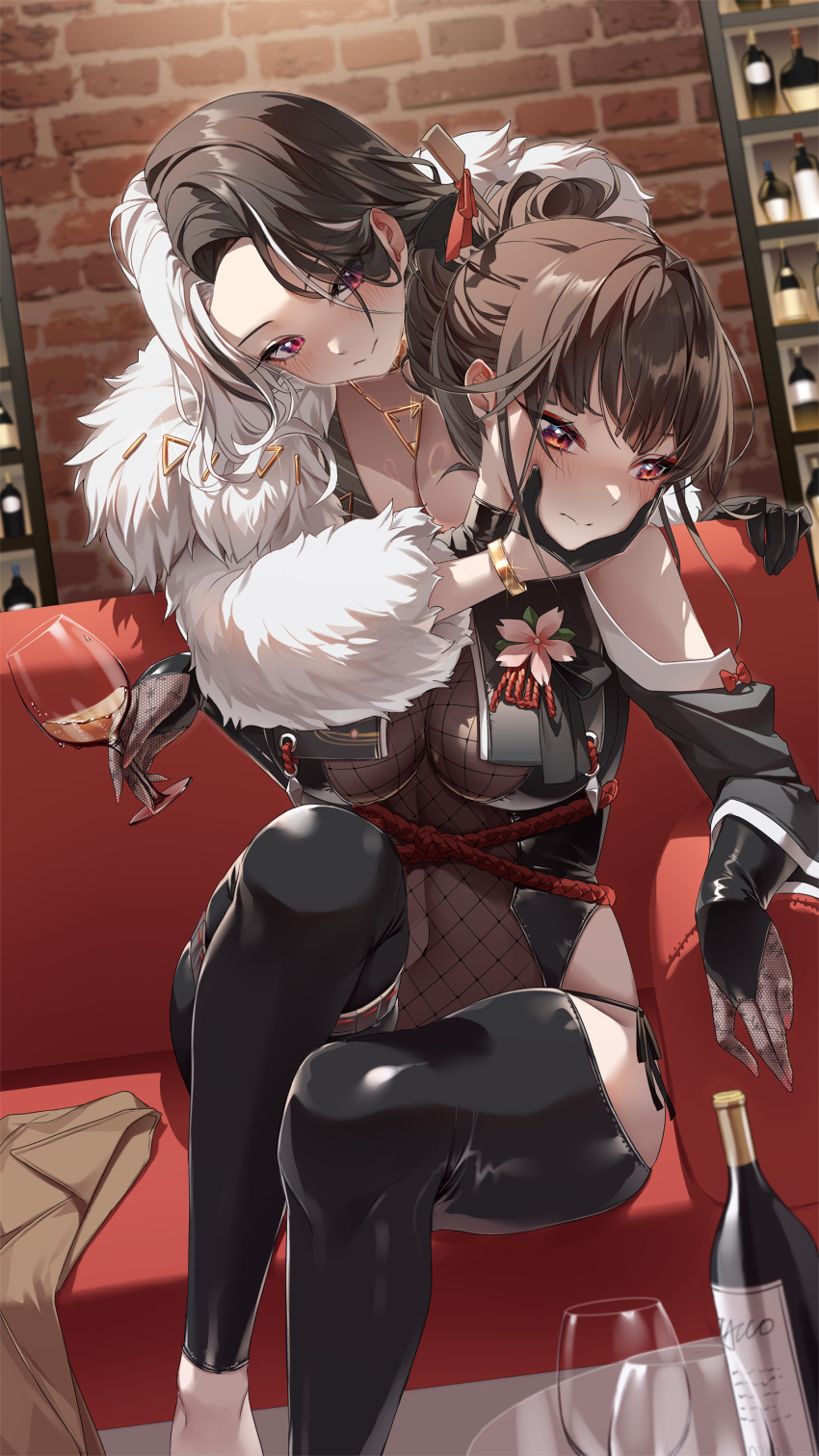2girls absurdres alcohol bare_shoulders black_gloves black_hair blush bodystocking bottle breast_curtains breasts brick_wall bridal_gauntlets brown_coat brown_hair cleavage closed_mouth clothing_cutout coat commentary couch covered_navel cup drinking_glass fishnet_top fishnets fur_coat gloves goddess_of_victory:_nikke gold_choker hair_intakes hair_ornament hair_stick half_gloves hand_on_another&#039;s_chin highres hip_vent holding holding_cup indoors japanese_clothes jewelry large_breasts long_hair long_sleeves looking_at_another looking_down multicolored_hair multiple_girls official_alternate_costume on_couch panties panty_peek parted_hair pinstripe_pattern red_eyes rosanna_(nikke) sakura_(midnight_stealth)_(nikke) sakura_(nikke) see-through_clothes see-through_cleavage shadow shirt shoulder_cutout side-tie_panties sidelocks sitting smile split-color_hair standing string_panties striped_clothes striped_shirt table tacco_(tikeworld) underwear unworn_coat vertical-striped_clothes vertical-striped_shirt white_hair wine wine_bottle wine_glass