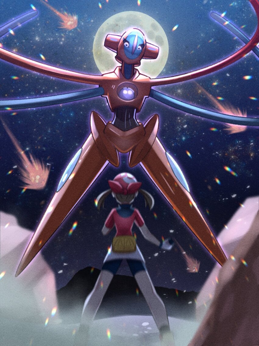 1girl bandana black_shorts brown_hair deoxys deoxys_(normal) fanny_pack full_moon gen_3_pokemon gloves highres inana_umi may_(pokemon) meteor_shower moon mythical_pokemon night nintendo pokemon pokemon_(creature) pokemon_rse red_bandana red_shirt shirt shorts