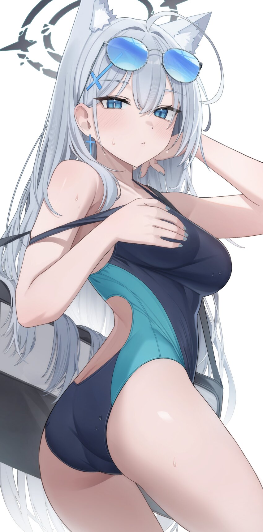 1girl absurdres ahoge alternate_costume animal_ears blue_archive cosplay cross_hair_ornament eyewear_on_head hair_ornament halo hand_on_own_chest highres long_hair looking_at_viewer mismatched_pupils one-piece_swimsuit pang-yo self_cosplay shiroko_(blue_archive) shiroko_(blue_archive)_(cosplay) shiroko_terror_(blue_archive) solo swimsuit wolf_ears wolf_girl