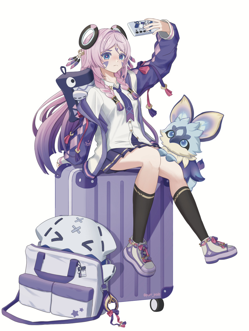 1girl absurdres bag black_socks blue_eyes braid braided_sidelocks cellphone citlali_(genshin_impact) citlalin_(genshin_impact) facial_mark floating_headgear frown genshin_impact hair_ornament headgear highres holding holding_phone iktomisaurus_(genshin_impact) itzpapa_(genshin_impact) jacket kneehighs long_hair long_sleeves looking_at_viewer multicolored_hair necktie open_clothes open_jacket phone pink_hair pink_pupils podomascha purple_hair purple_skirt rolling_suitcase shirt shoes shoulder_bag simple_background sitting skirt smartphone sneakers socks suitcase white_background white_shirt