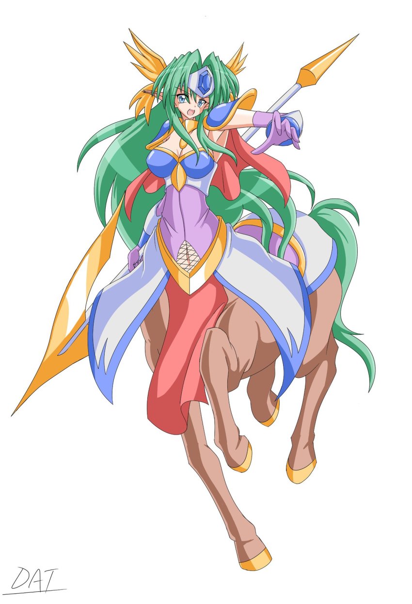 1girl big_hair blue_eyes breasts capelet centaur cleavage clothing_cutout d@i_(d@i-hard) dress elbow_gloves fantasy female_focus gloves green_hair highres holding holding_lance holding_polearm holding_weapon hooves lance long_hair monster_girl navel_cutout open_mouth original parted_bangs pelvic_curtain pointy_ears polearm purple_gloves running shoulder_pads simple_background solo strapless strapless_dress taur weapon white_background