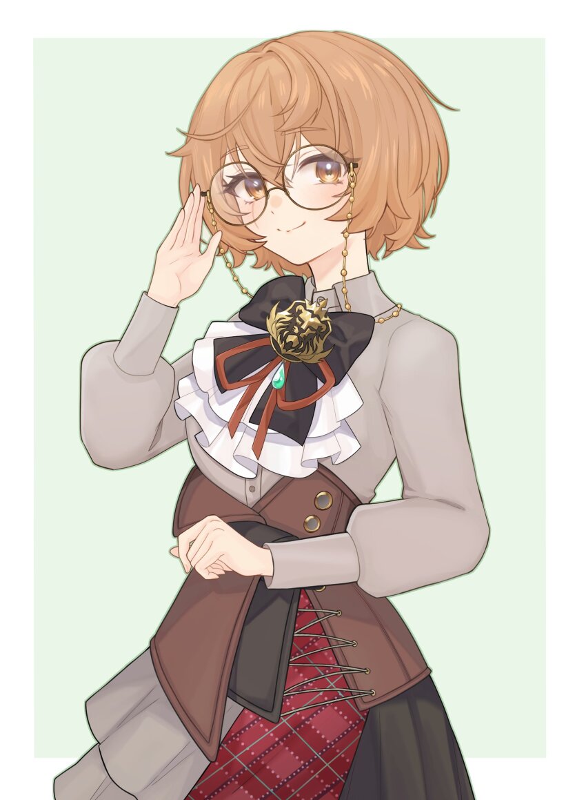 1girl ascot black_bow black_bowtie black_skirt bow bowtie brown_corset brown_eyes brown_hair buttons clio_aite closed_mouth collared_shirt corset glasses grey_shirt grey_skirt hanya_(artist) highres layered_skirt long_sleeves phase_connect plaid_clothes plaid_skirt round_eyewear scar scar_across_eye scar_on_face shirt short_hair skirt solo virtual_youtuber white_ascot