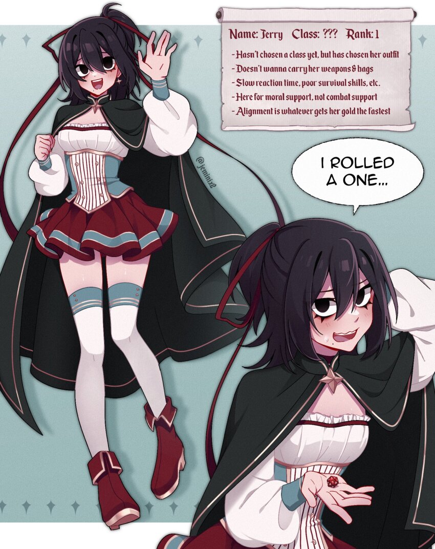 1girl black_eyes black_hair blush breasts cloak commentary corset d20_(die) dice english_commentary english_text eyeliner green_cloak hair_between_eyes highres holding holding_dice icosahedron jeminix2 long_sleeves looking_at_viewer makeup mole multiple_views open_mouth original polyhedral_dice ponytail puffy_sleeves red_eyeliner red_footwear red_skirt short_hair simple_background skirt small_breasts speech_bubble sweat teeth thighhighs upper_teeth_only wavy_mouth white_thighhighs