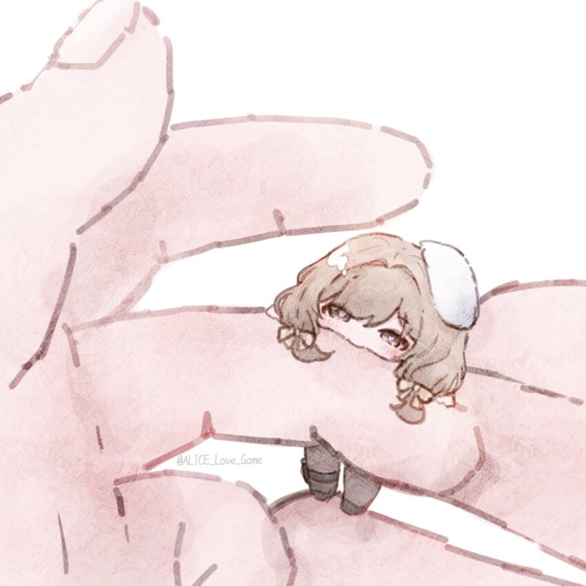 1girl alice_love_game artist_name biting biting_finger blush bow bready_(nikke) commander_(nikke) goddess_of_victory:_nikke hair_bow heart heart-shaped_pupils mini_person minigirl simple_background solo_focus symbol-shaped_pupils thighhighs twitter_username