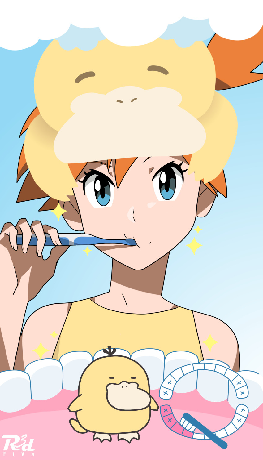 1girl absurdres artist_logo blue_eyes brushing_teeth gameplay_mechanics gen_1_pokemon gradient_background highres holding holding_toothbrush logo looking_at_viewer misty_(pokemon) nintendo orange_hair pokemon pokemon_(anime) pokemon_(classic_anime) pokemon_(creature) pokemon_smile psyduck r3dfive shirt side_ponytail sleeveless sleeveless_shirt sparkle teeth toothbrush upper_body