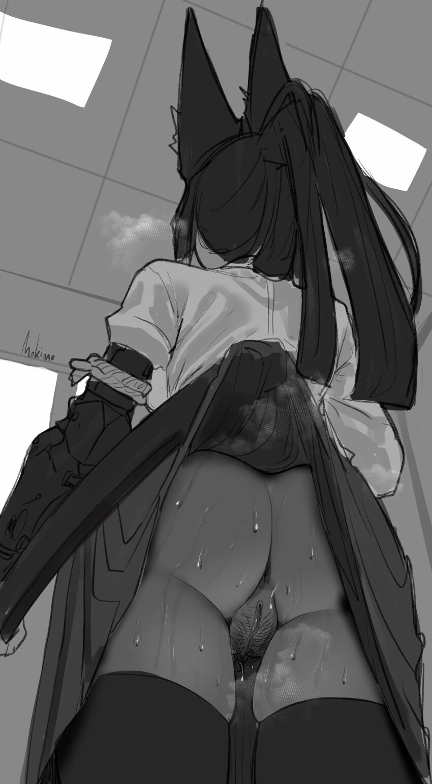 1girl absurdres accidental_exposure animal_ears anus ass ceiling clothes_lift facing_away female_pubic_hair fox_ears from_behind from_below greyscale highres holding holding_sword holding_weapon hoshimi_miyabi long_hair mokimolewds monochrome ponytail pubic_hair pussy sheath sheathed shirt skindentation skirt skirt_lift solo sweat sword thighhighs uncensored weapon zenless_zone_zero