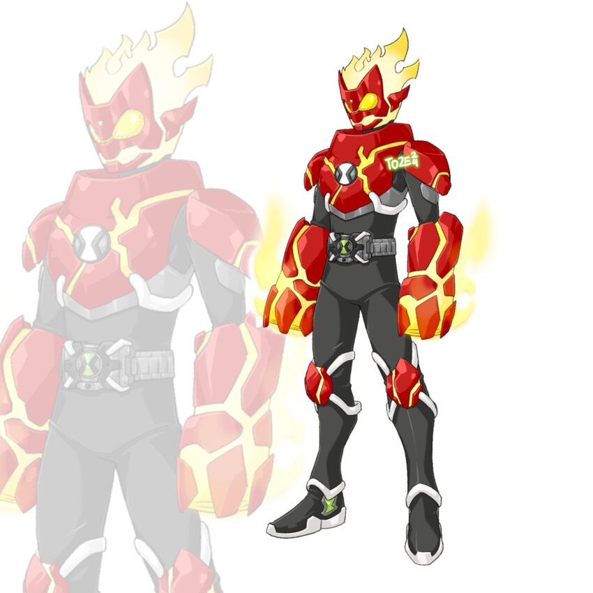 1boy alien armor artist_name ben_10 ben_10:_alien_force ben_10:_omniverse ben_10:_ultimate_alien ben_tennyson compound_eyes rider_belt fiery_hair fire full_body gloves green_light heatblast highres kamen_rider omnitrix orange_eyes rider_belt solo standing to_ze tokusatsu weapon