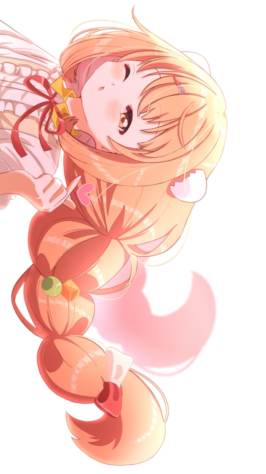 1girl blowing_kiss blush bow braid collared_shirt cube_hair_ornament dress_shirt egg_hair_ornament finger_heart floating_hair food-themed_hair_ornament fork_hair_ornament frilled_shirt_collar frilled_sleeves frills hair_bow hair_ornament hairpin heart highres kirara_tamako kirara_tamako_(1st_costume) long_hair long_sleeves looking_at_viewer low_twin_braids nijisanji omochi1555 one_eye_closed orange_hair red_ribbon ribbon shirt sideways simple_background solo twin_braids upper_body virtual_youtuber white_background white_shirt
