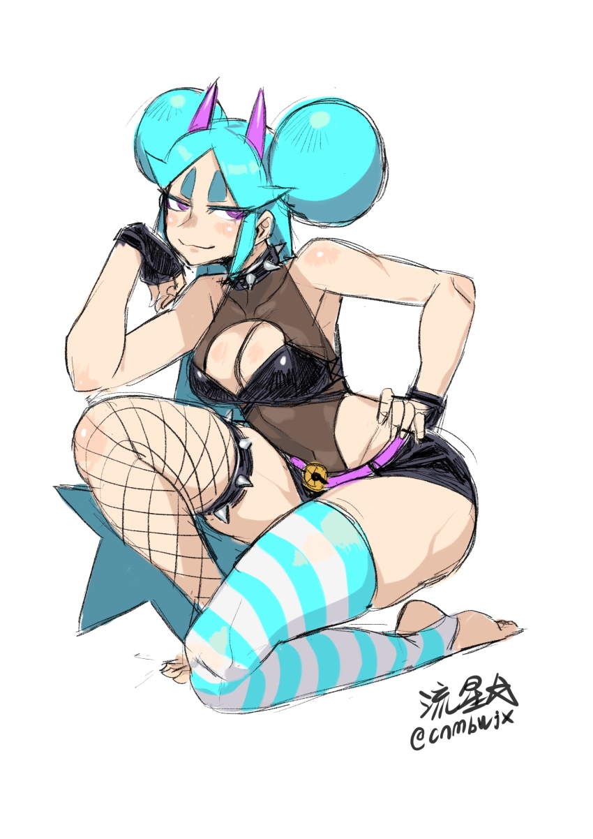 1girl absurdres asymmetrical_legwear belt black_bra black_gloves blue_hair bra breasts cleavage cleavage_cutout clothing_cutout collar commentary double_bun fingerless_gloves fishnet_thighhighs fishnets full_body gloves hair_bun hand_on_own_hip highleg highleg_leotard highres horns leotard leotard_under_clothes long_hair medium_breasts micro_shorts on_one_knee original pink_belt pink_eyes pink_horns ryuusei_(mark_ii) see-through_clothes see-through_leotard short_shorts shorts shrimball_(ryuusei_(mark_ii)) signature smile solo spiked_collar spiked_thighlet spikes strapless strapless_bra striped_clothes striped_thighhighs thick_eyebrows thighhighs thighs twitter_username underwear very_long_hair