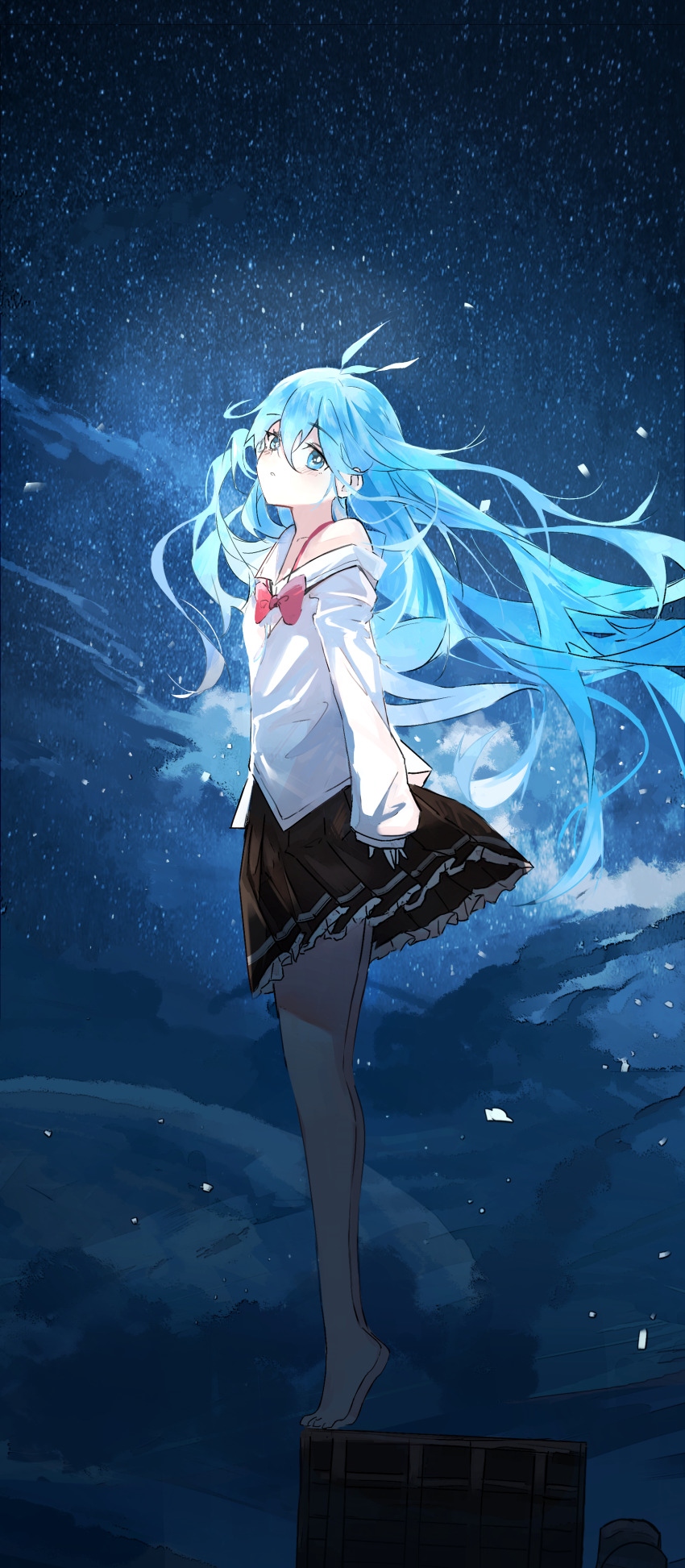 1girl absurdres ahoge axleaki barefoot black_skirt blue_eyes blue_hair bow bowtie closed_mouth denpa_onna_to_seishun_otoko floating_hair frilled_skirt frills full_body hair_spread_out highres light_blue_hair light_particles long_hair long_sleeves looking_at_viewer night outdoors red_bow red_bowtie shirt skirt sky sleeves_past_wrists solo standing star_(sky) starry_sky tiptoes touwa_erio white_shirt
