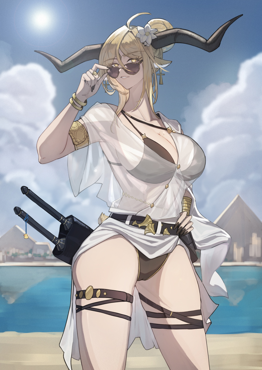 1girl absurdres animal_ears arknights armlet bangle belt bikini black_bikini black_nails blonde_hair bracelet breasts cameltoe cleavage degenbrecher_(arknights) glasses goat_ears goat_girl goat_horns hair_between_eyes highres horns jewelry long_hair nail_polish one-piece_swimsuit outdoors ring see-through_clothes see-through_shirt shirt solo swimsuit thigh_belt thigh_strap xiahou_xiansheng yellow_eyes