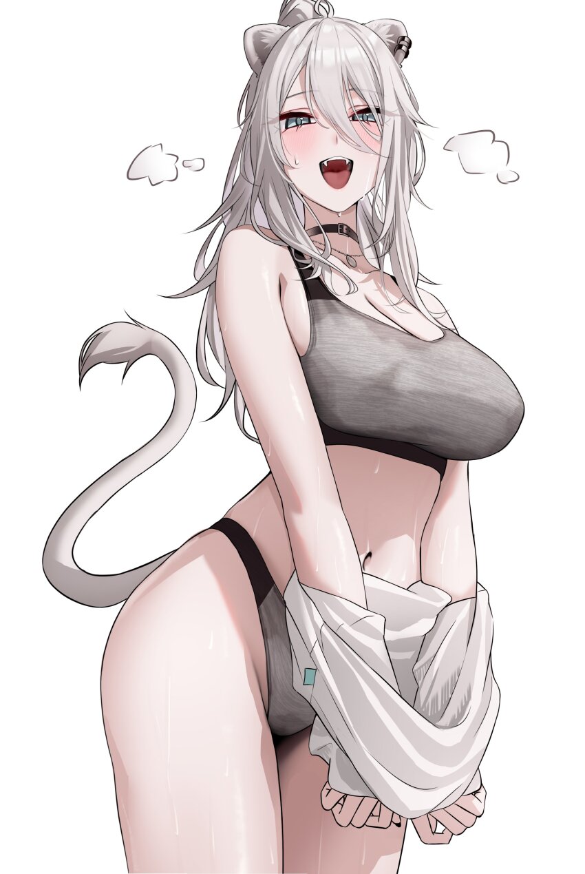 1girl :d absurdres ahoge animal_ear_piercing animal_ears bra breasts cleavage commentary double-parted_bangs fangs grey_bra grey_eyes grey_hair grey_panties hair_between_eyes high_ponytail highres hololive jewelry large_breasts lion_ears lion_girl lion_tail long_hair long_hair_between_eyes looking_at_viewer navel necklace open_mouth panties ponytail shirt shirt_partially_removed shishiro_botan simple_background smile solo stomach symbol-only_commentary tail underwear virtual_youtuber wanne white_background white_shirt