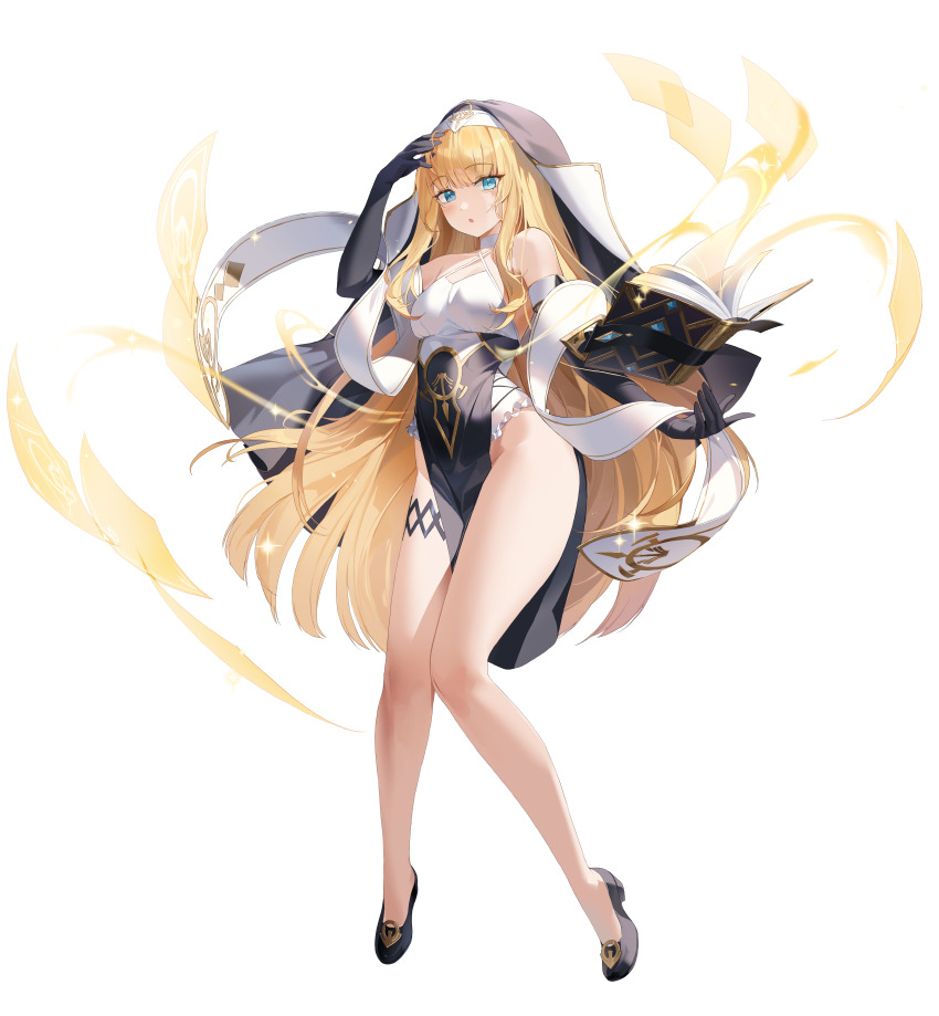 1girl absurdres bare_legs bare_shoulders black_dress black_gloves black_shoes black_veil blonde_hair blue_eyes book breasts cardinal_armand choker choyeon criss-cross_halter dress elbow_gloves frills full_body gloves gold_trim habit halterneck hand_up highres last_origin legs long_hair looking_at_viewer medium_breasts no_panties nun official_art open_book open_mouth paper pelvic_curtain shawl shoes simple_background sleeveless sleeveless_dress solo spaghetti_strap thigh_strap thighs two-tone_dress veil very_long_hair white_background white_choker white_dress