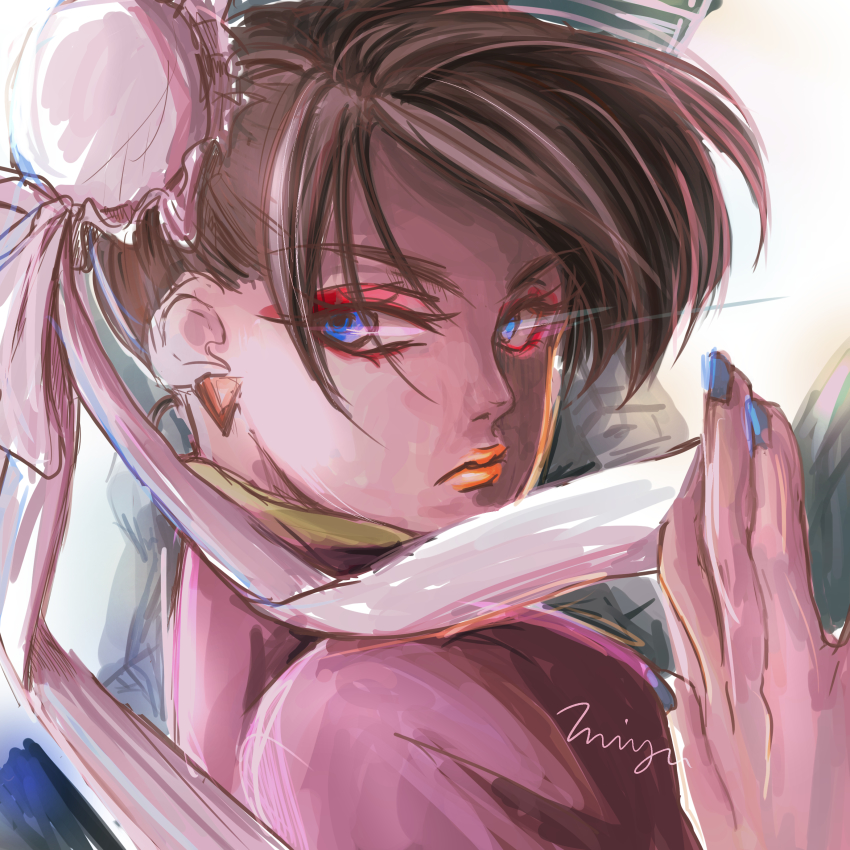 1girl abicomiyushi absurdres alternate_eye_color bad_id bad_pixiv_id blue_eyes blue_nails brown_hair bun_cover capcom chun-li commentary_request double_bun earrings eyeshadow female_focus gradient_background hair_bun highres jewelry lips lipstick makeup nail_polish nose portrait short_hair solo street_fighter