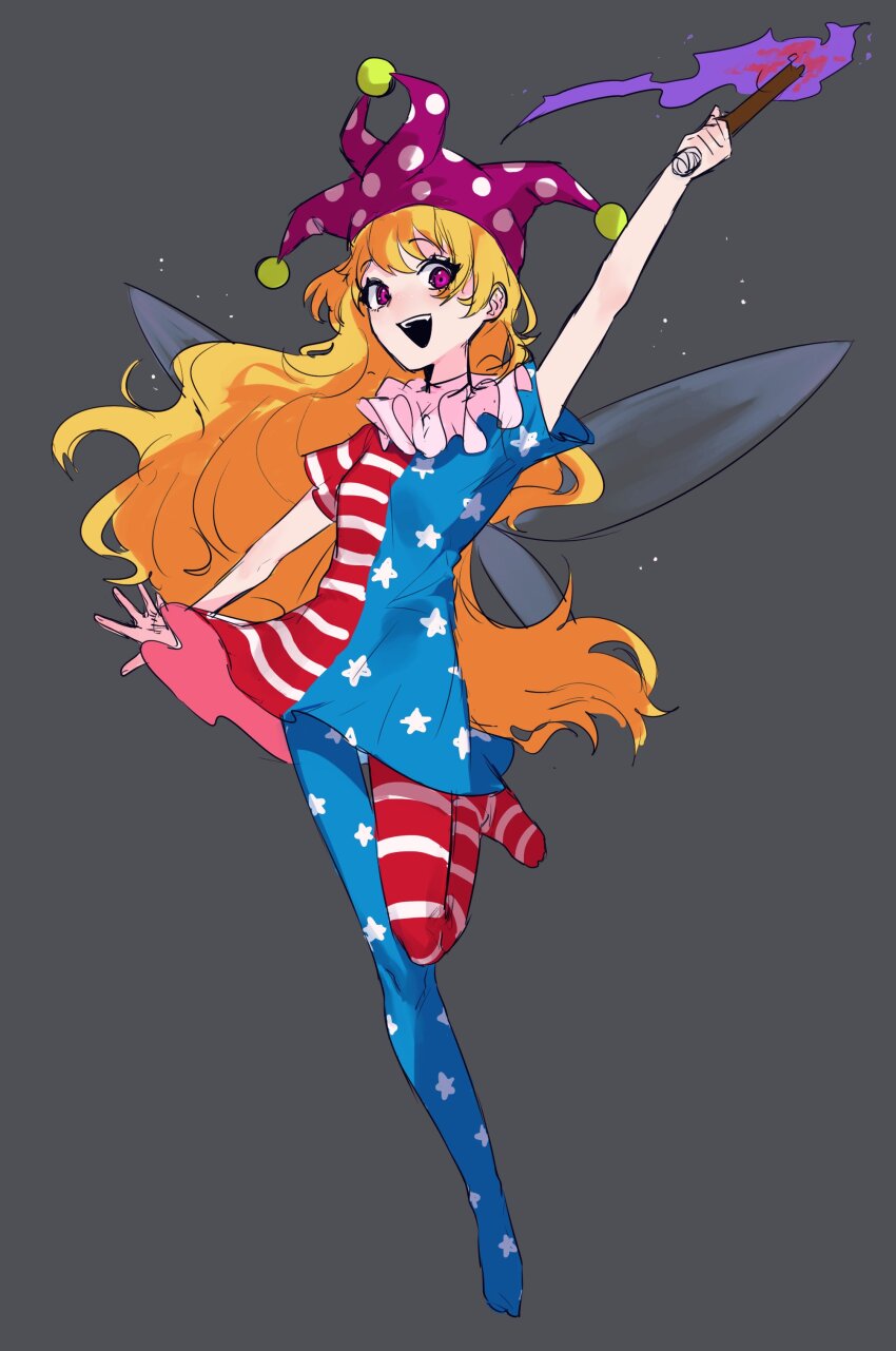 1girl absurdres american_flag american_flag_dress american_flag_legwear arm_up blonde_hair clownpiece commentary_request dress fairy_wings fire full_body grey_background grey_wings hat highres holding holding_torch jester_cap long_hair looking_at_viewer morinopome2 neck_ruff no_shoes open_mouth pantyhose polka_dot_hat purple_fire purple_hat simple_background smile solo star_(symbol) star_print striped_clothes striped_dress striped_pantyhose torch touhou very_long_hair wings