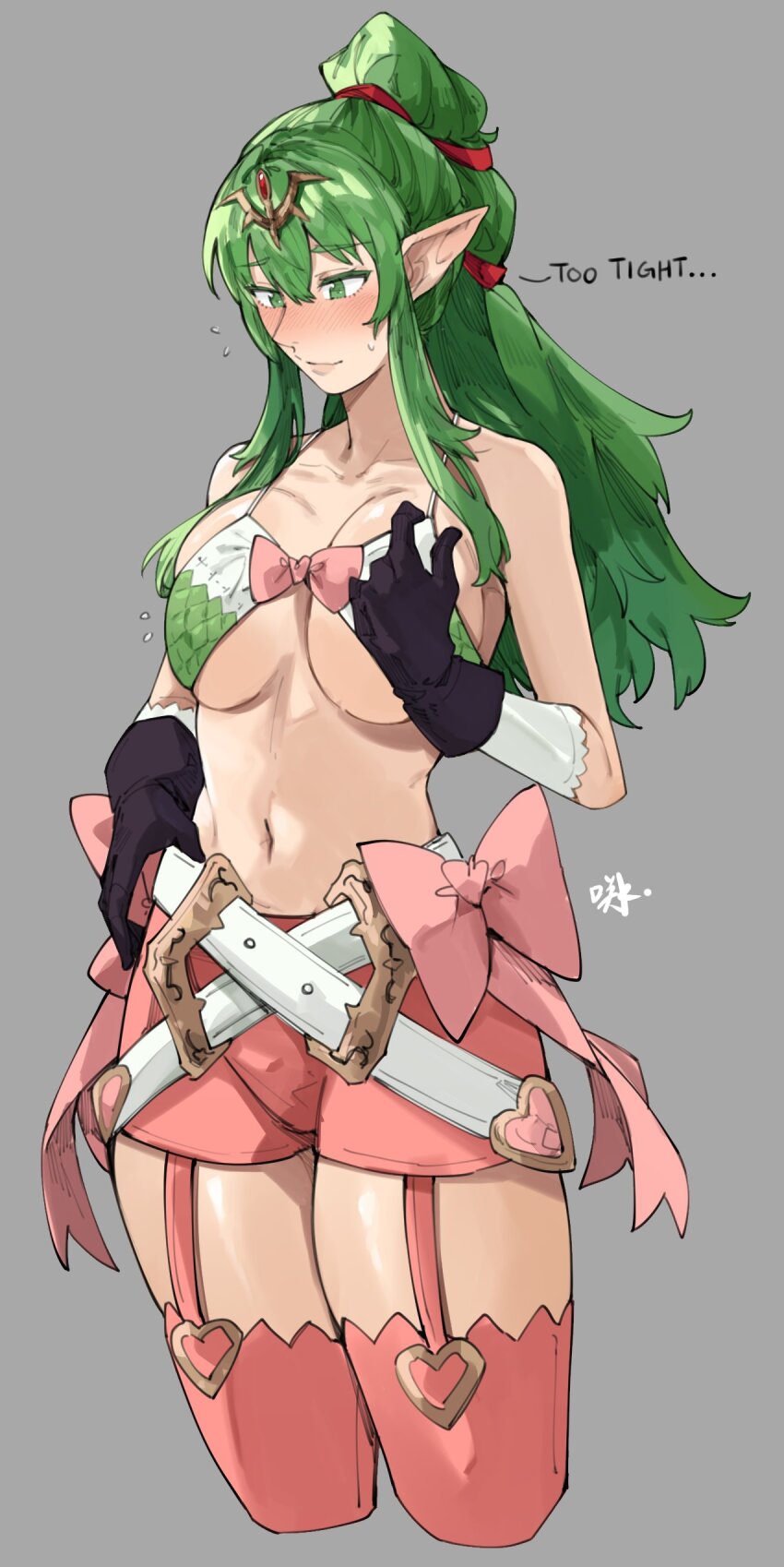 1girl absurdres belt blush bow breasts cosplay fire_emblem fire_emblem_awakening garter_straps gloves green_eyes green_hair highres large_breasts long_hair navel nintendo nowi_(fire_emblem) nowi_(fire_emblem)_(cosplay) pink_bow pointy_ears ponytail ribbon sakuremi shorts solo tiara tight_clothes tiki_(adult)_(fire_emblem) tiki_(fire_emblem) undersized_clothes