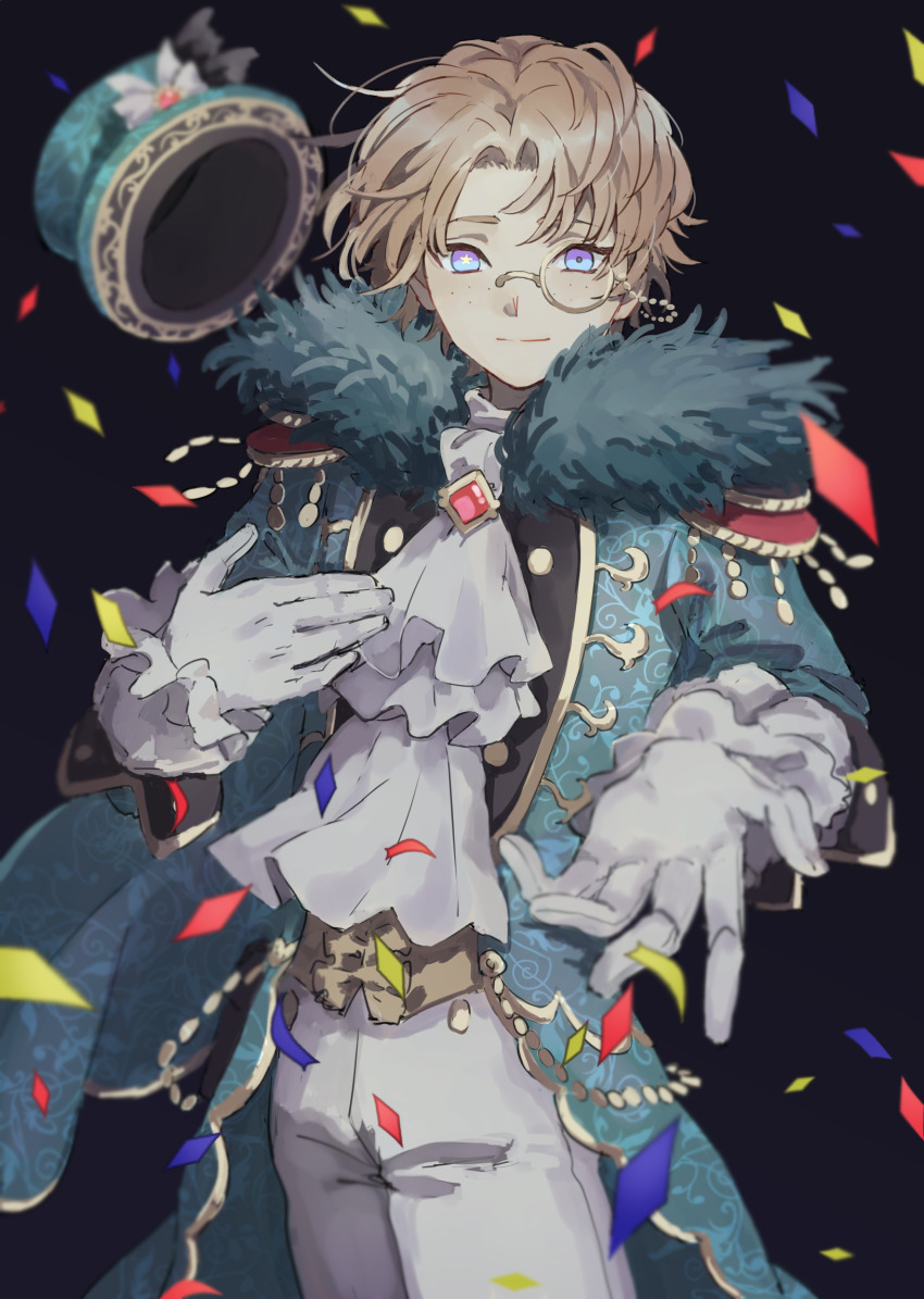 1boy ascot black_background blonde_hair blue_eyes blurry coat coattails confetti depth_of_field epaulettes freckles frilled_sleeves frills fur_trim gloves gumegume hand_on_own_chest hat unworn_hat unworn_headwear highres identity_v looking_at_viewer male_focus mike_morton monocle official_alternate_costume outstretched_arm short_hair simple_background smile solo star-shaped_pupils star_(symbol) star_in_eye symbol-shaped_pupils symbol_in_eye top_hat white_gloves