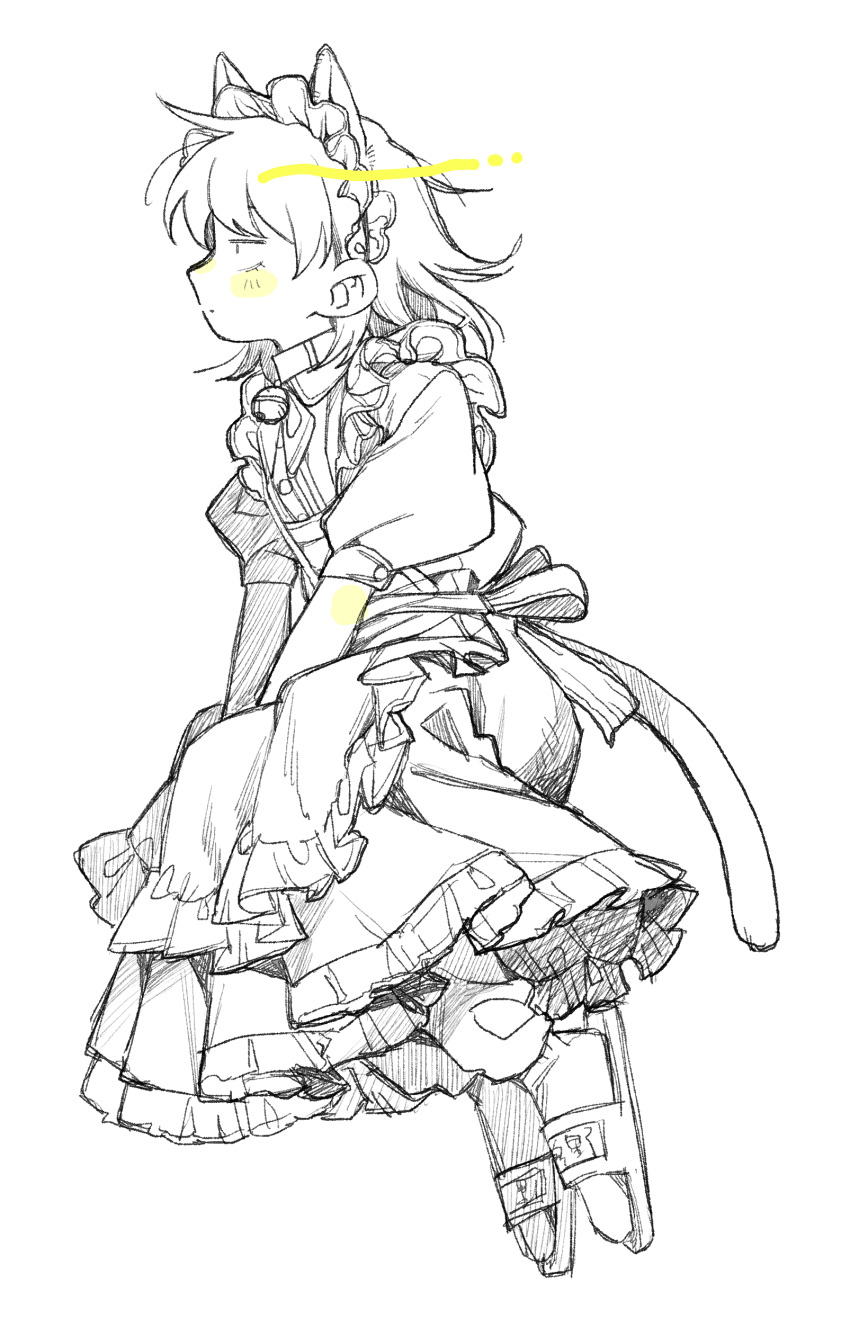 1girl absurdres alternate_costume animal_ears apron bell blush cat_ears cat_girl cat_tail commentary_request enmaided futsuu_no_keion-bu hatono_chihiro highres jingle_bell kemonomimi_mode looking_to_the_side maid maid_apron maid_headdress name_tag profile puffy_short_sleeves puffy_sleeves rra_(yj) sandals short_sleeves slides socks solo spot_color tail