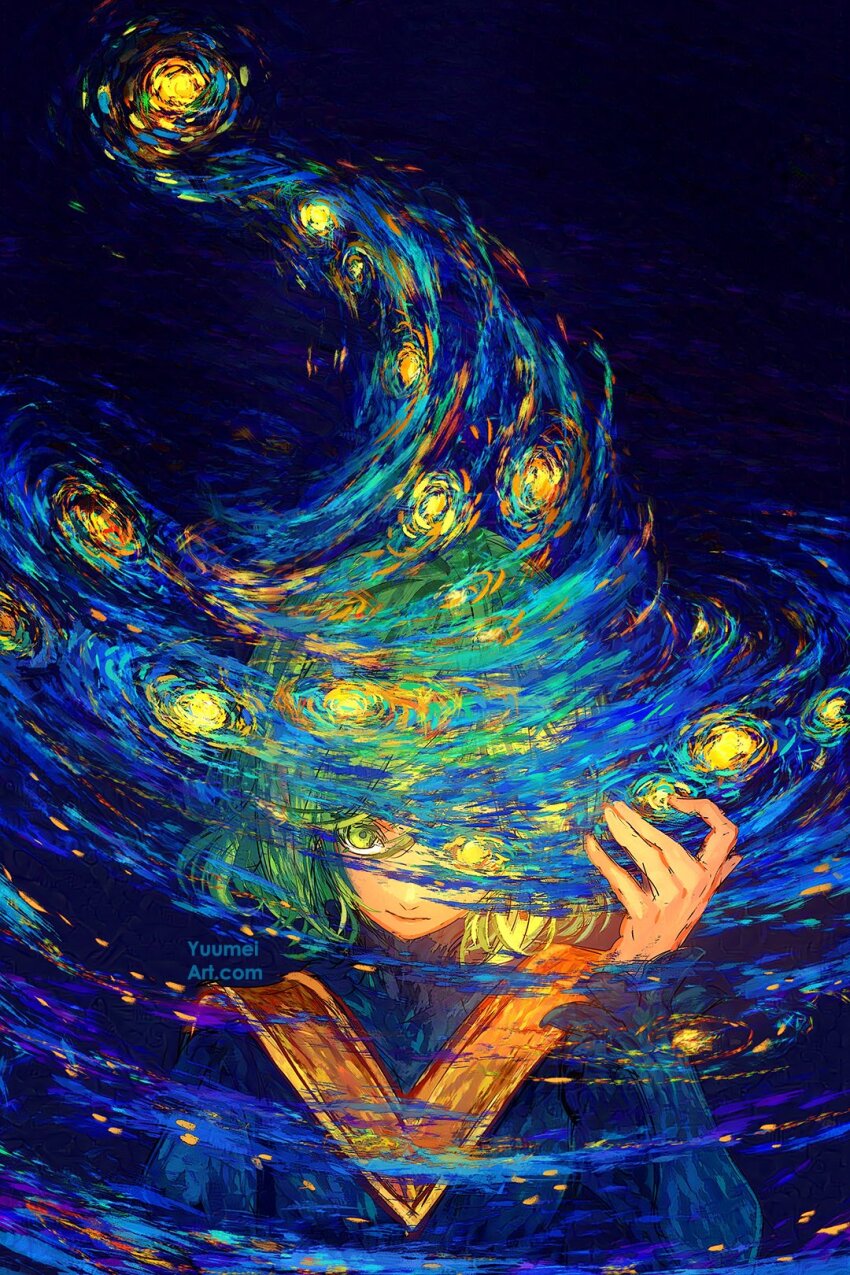 1girl adjusting_clothes adjusting_headwear alternate_costume artist_name blue_background blue_hat blue_robe blue_theme coco_(tongari_boushi_no_atelier) commentary english_commentary glowing glowing_eye green_eyes green_hair hat highres long_sleeves looking_at_viewer making-of_available painttool_sai_(medium) robe solo starry_night_(van_gogh) tongari_boushi_no_atelier upper_body watermark web_address witch_hat yuumei