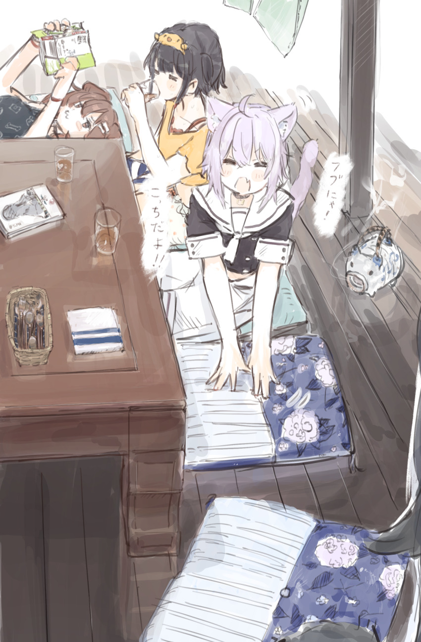 :3 =_= absurdres animal_hairband black_hair blush blush_stickers bone_hair_ornament book bracelet brown_hair closed_eyes collar commentary_request cropped cup cushion drinking facing_viewer fang from_above from_side hair_ornament highres holding holding_book holding_cup hololive incense_burner indoors inugami_korone jewelry lying nekomata_okayu on_back ookami_mio oozora_subaru open_mouth out_of_frame pov purple_hair reading shirt short_hair short_twintails shorts sitting skin_fang slice_of_life smile smoke soutanookiba table twintails utensil virtual_youtuber white_shorts wooden_beam wooden_floor yellow_shirt zabuton