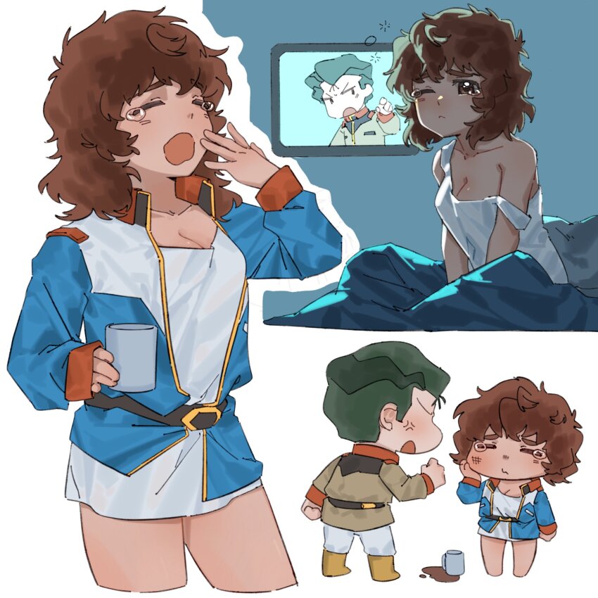 1boy 1girl amuro_ray anger_vein bare_shoulders breasts bright_noa cleavage closed_eyes coffee commentary cup genderswap genderswap_(mtf) green_hair gundam highres holding holding_cup jacket military_uniform mobile_suit_gundam off_shoulder open_clothes open_jacket open_mouth porkpie68701999 shirt short_hair sleeveless spill symbol-only_commentary tearing_up waking_up white_shirt yawning