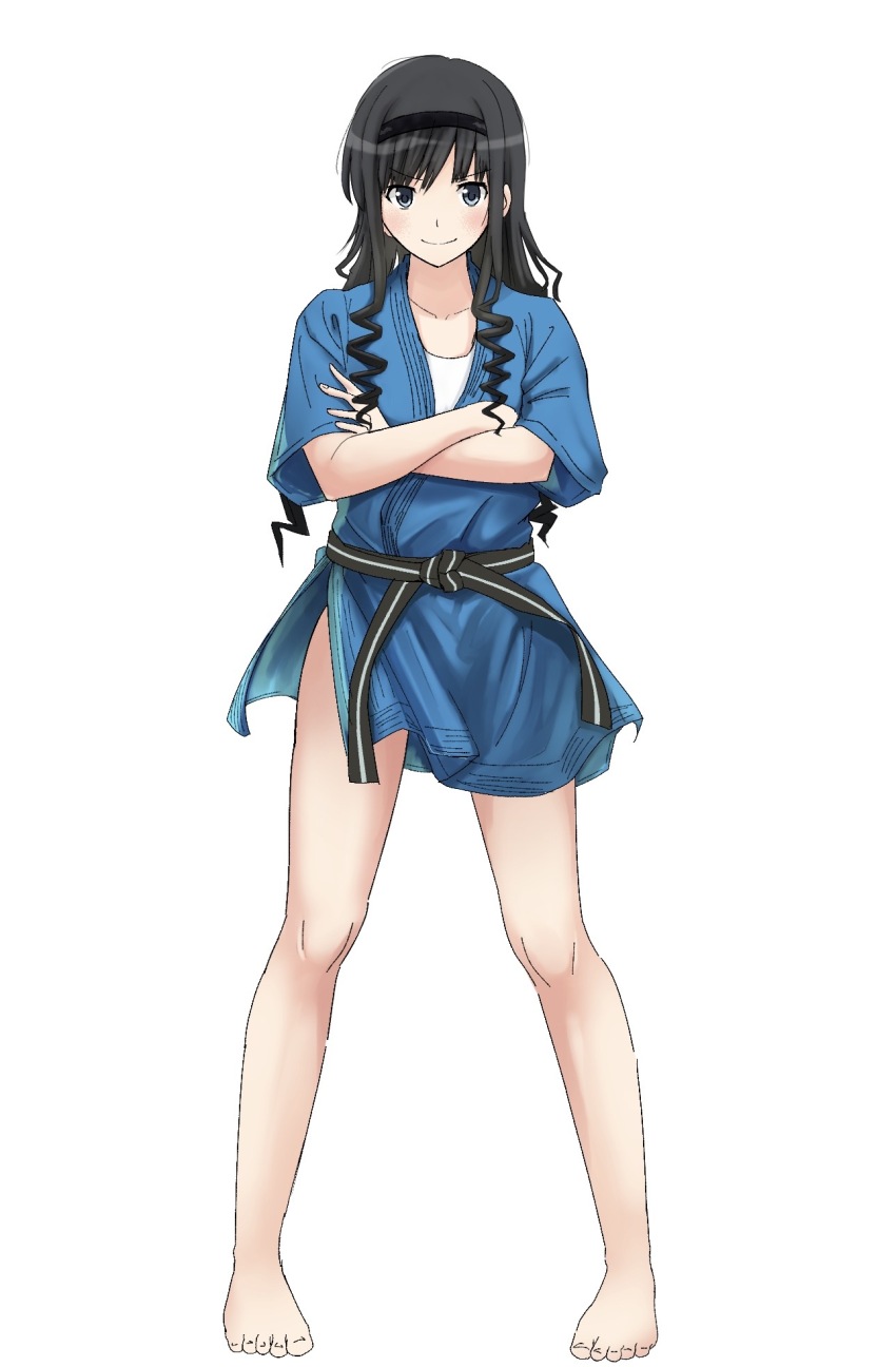 1girl amagami barefoot belt black_belt black_eyes black_hair black_hairband blue_kimono closed_mouth crossed_arms curly_hair dougi drill_hair feet full_body gyuunyuu_pack_(tanaka) hairband highres japanese_clothes kimono legs legs_apart long_hair looking_at_viewer morishima_haruka short_kimono short_sleeves simple_background solo standing white_background wide_sleeves